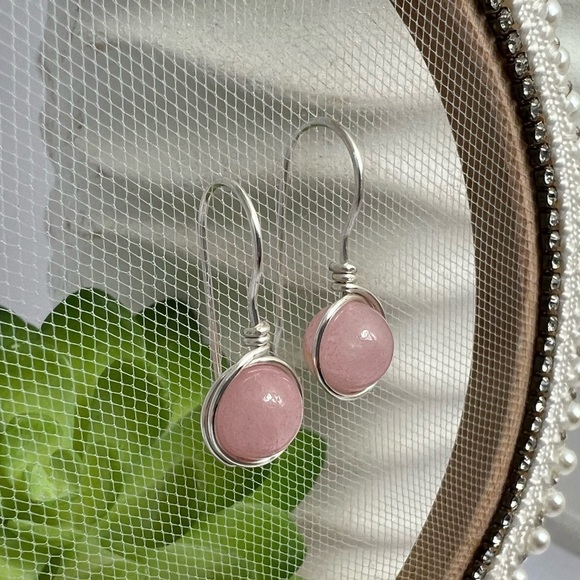 Rose Quartz Wire Wrapped Minimalist Earrings in Pink & Silver - Picture 9 of 14